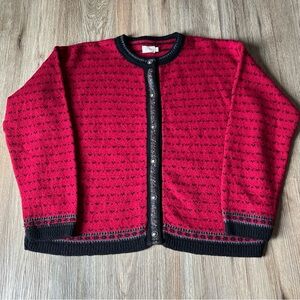 Vintage Alps Wool Blend Red Floral Trim Cardigan Sweater Size Large
